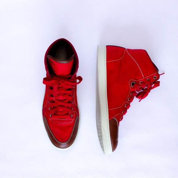 Men's Gucci Nylon High Red Brown Sz 9 G Fashion Shoe 283484 - Picture 1 of 16